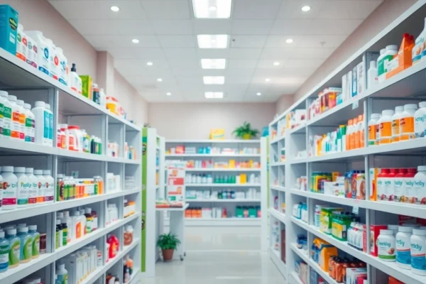 Discover a friendly pharmacy environment featuring AptekaCare health products on display.