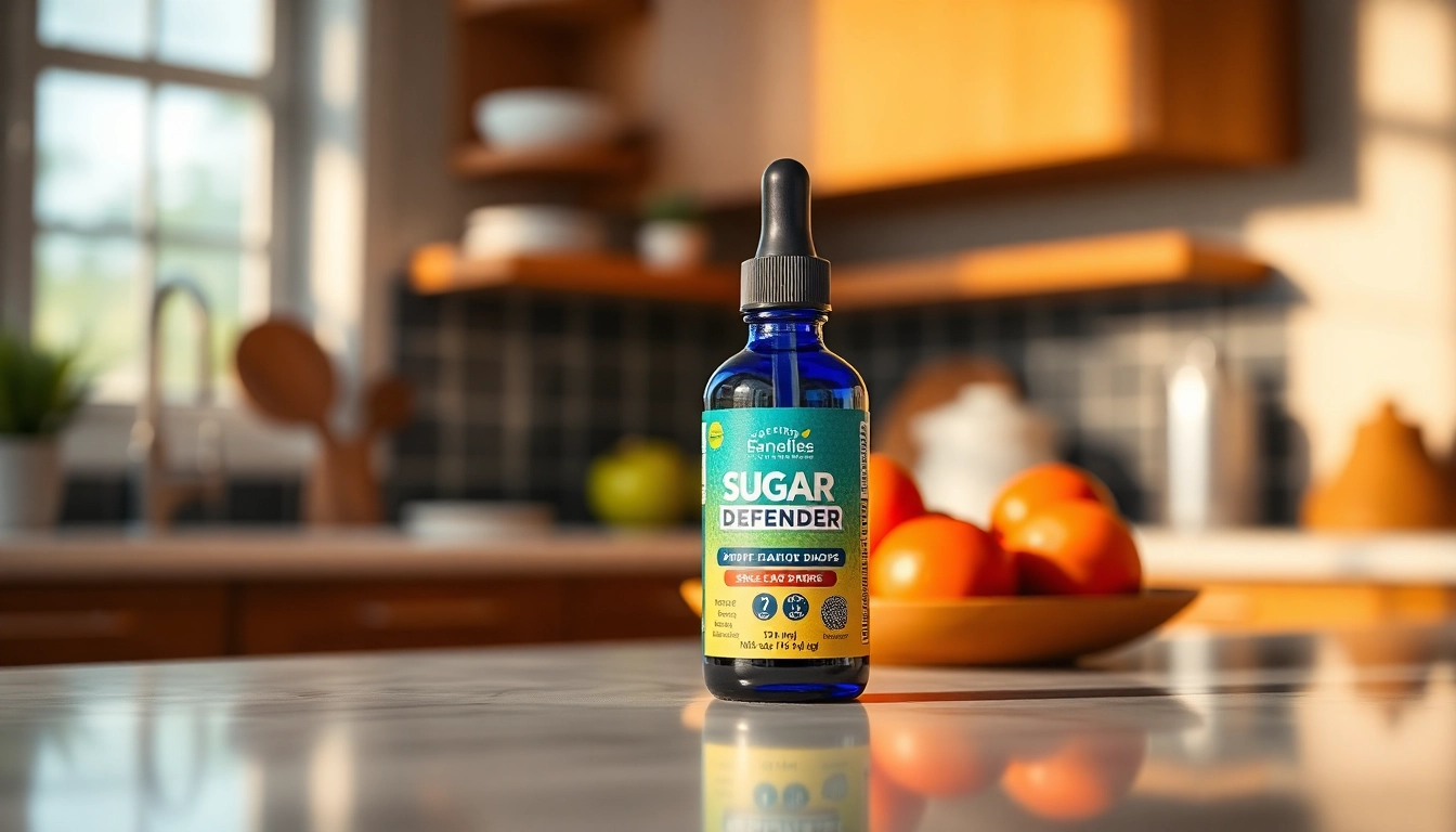 Enhance wellness with Sugar Defender drops, showcasing a vibrant bottle against fresh fruits.