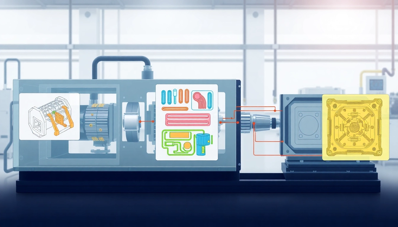 Injection molding process diagram showcasing machinery and mold structures in action.