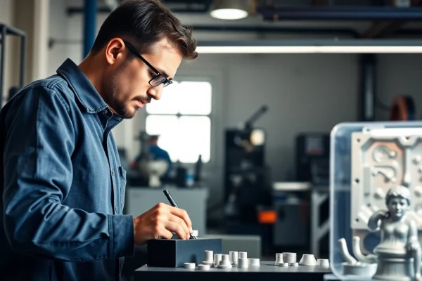 Mold maker for injection molding creating detailed molds in a precision-focused workshop.