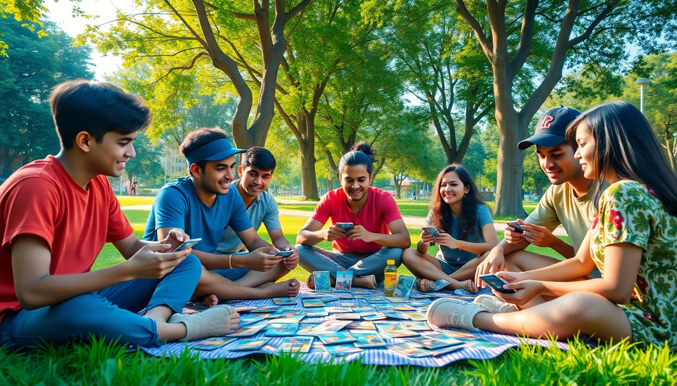 Engaged players enjoying Pokémon tcg india, trading cards in a lively park setting.