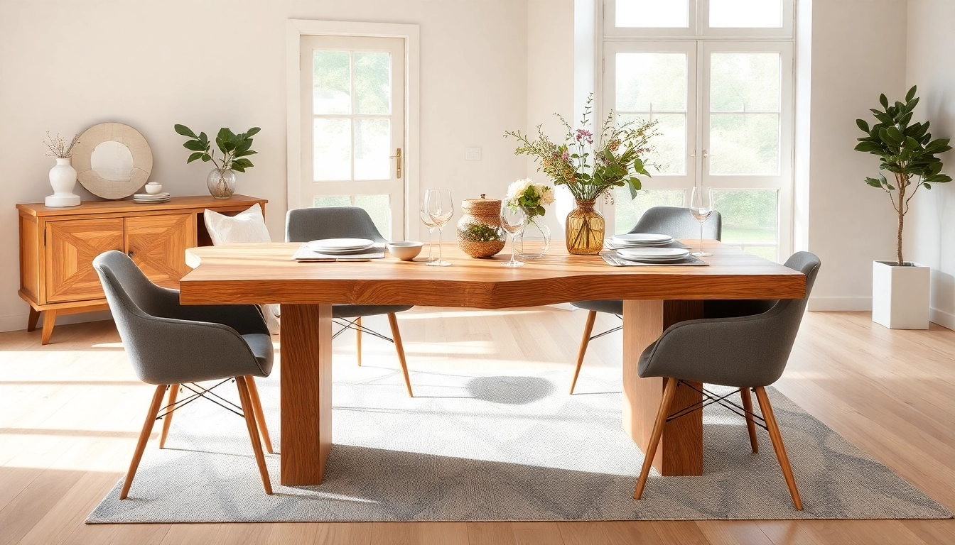 Admire the stunning Esstisch Eiche featuring a unique natural edge, elegantly set in a warm, inviting dining room.