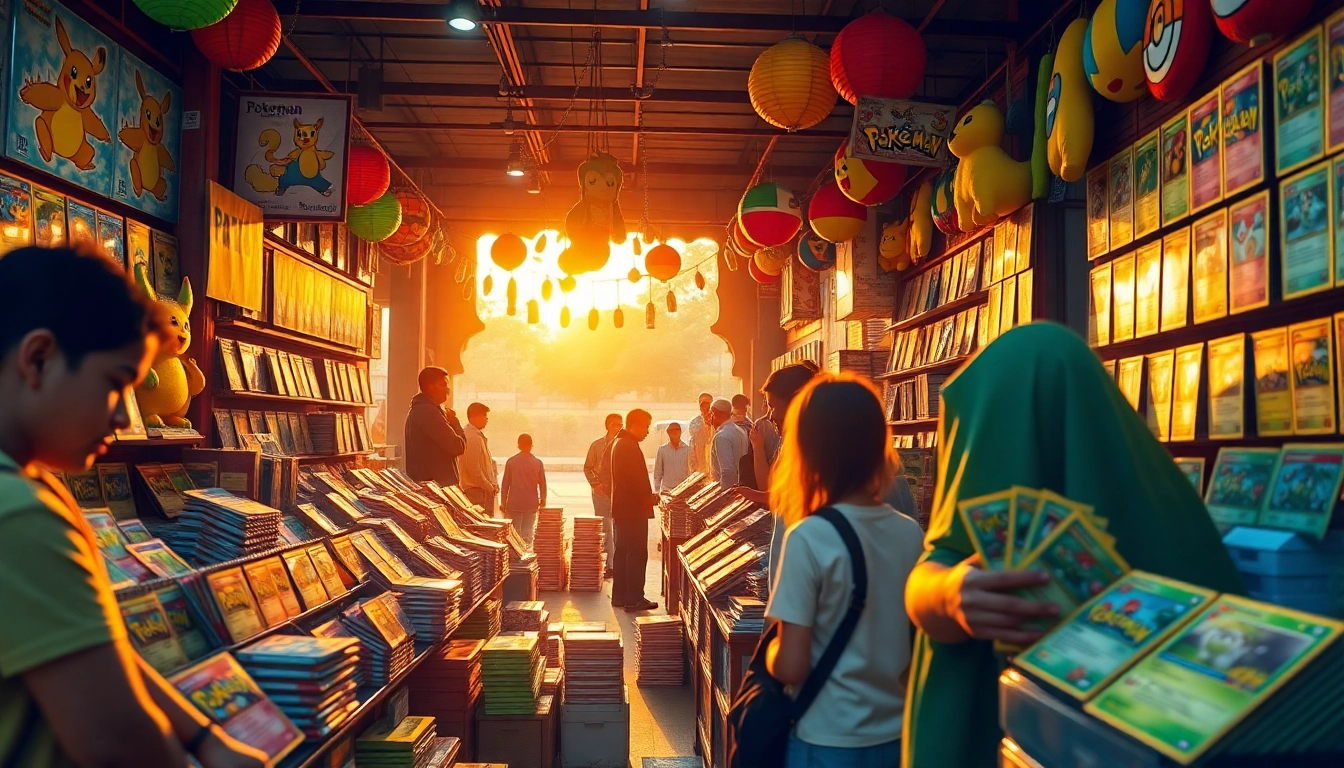 Explore real Pokemon cards in India at a vibrant marketplace with collectors enjoying their favorites.