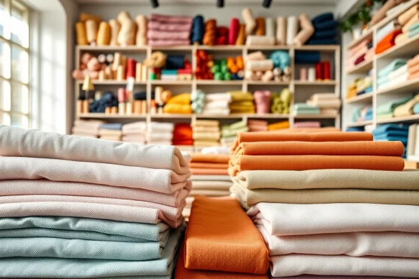 Voel de luxueuze Katoen texturen in een kleurrijke stoffenwinkel.