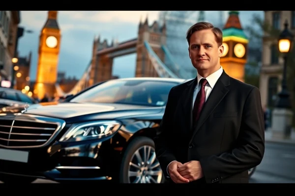 Experience a premium chauffeur service london with a professional driver beside an elegant executive car.