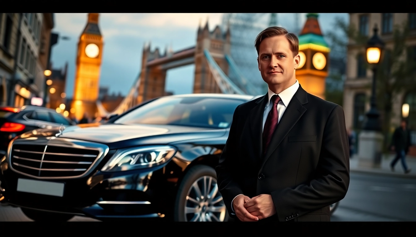 Experience a premium chauffeur service london with a professional driver beside an elegant executive car.