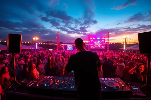 Elevate Your Event with Unforgettable DJ Services Engaging DJ services at an electrifying outdoor event with dynamic lighting and a lively audience.