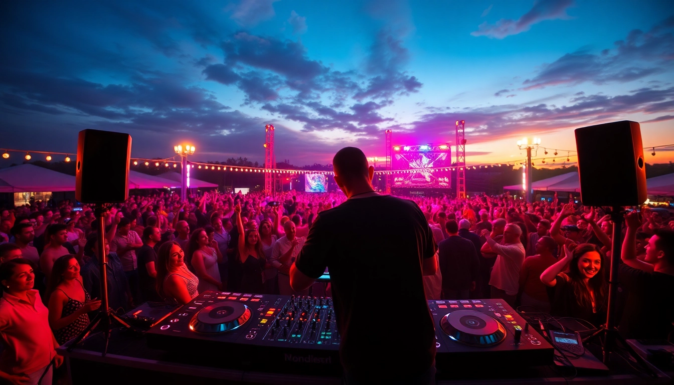 Engaging DJ services at an electrifying outdoor event with dynamic lighting and a lively audience.