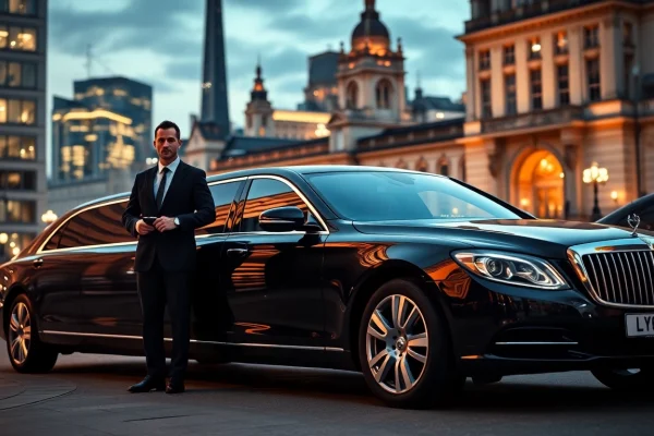Experience the luxury chauffeur service london with a professional driver and a sleek limousine in an elegant setting.
