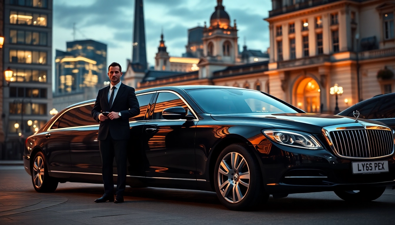 Experience the luxury chauffeur service london with a professional driver and a sleek limousine in an elegant setting.