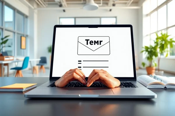 Utilize a temp email service with a sleek digital interface in a modern workspace.