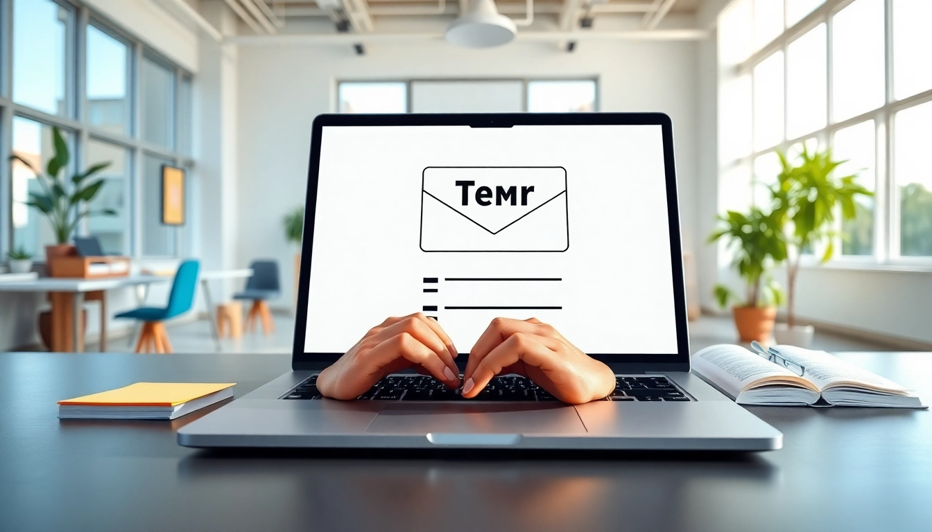 Utilize a temp email service with a sleek digital interface in a modern workspace.