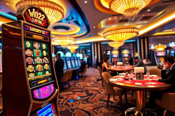 Un slot de lujo luxury12 destaca entre los jugadores emocionados en un casino de alta gama.