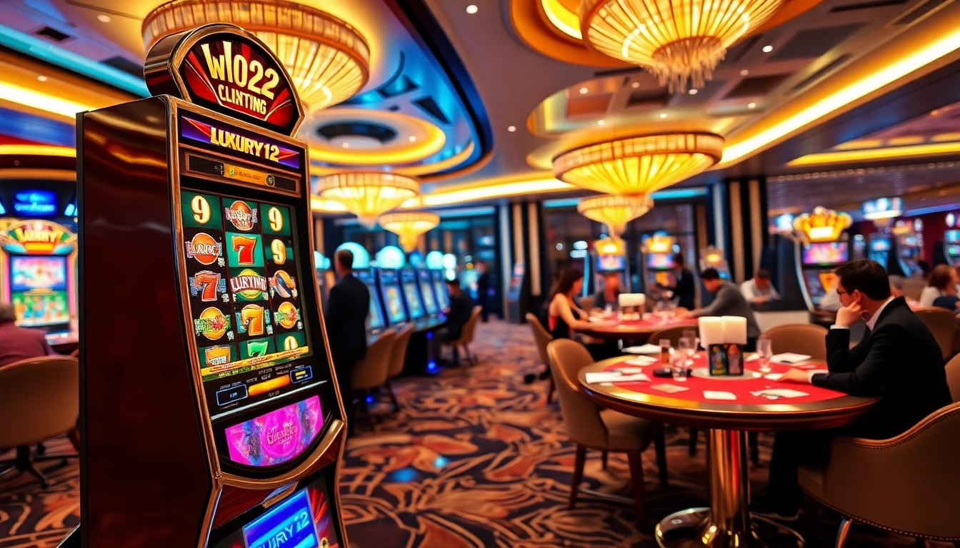 Un slot de lujo luxury12 destaca entre los jugadores emocionados en un casino de alta gama.