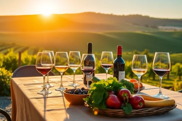 Enjoying wine tasting at Winery Sacramento, with scenic vineyards and a beautifully set table.