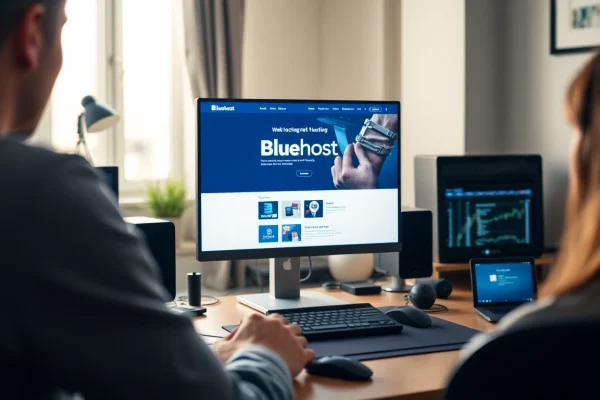 Showcasing a user-centric web hosting setup with Bluehost interface on screen.