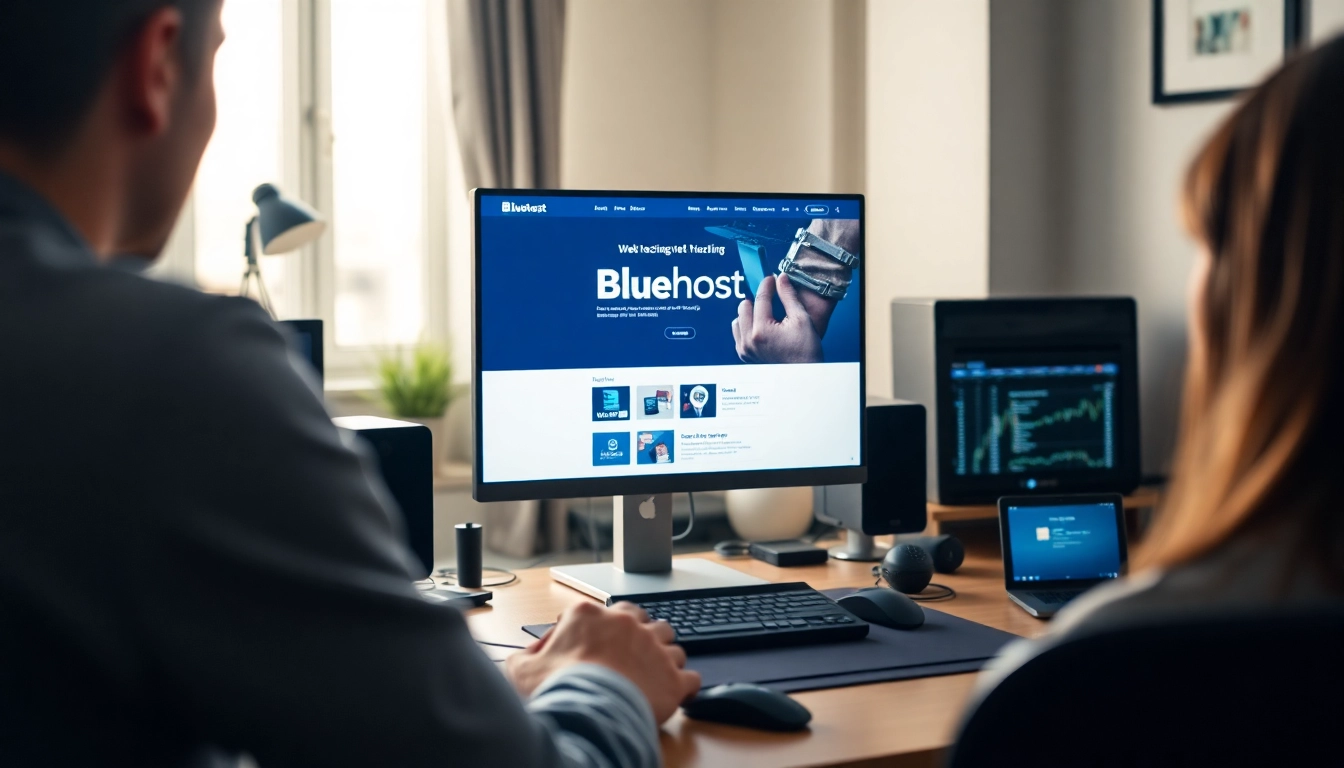 Showcasing a user-centric web hosting setup with Bluehost interface on screen.